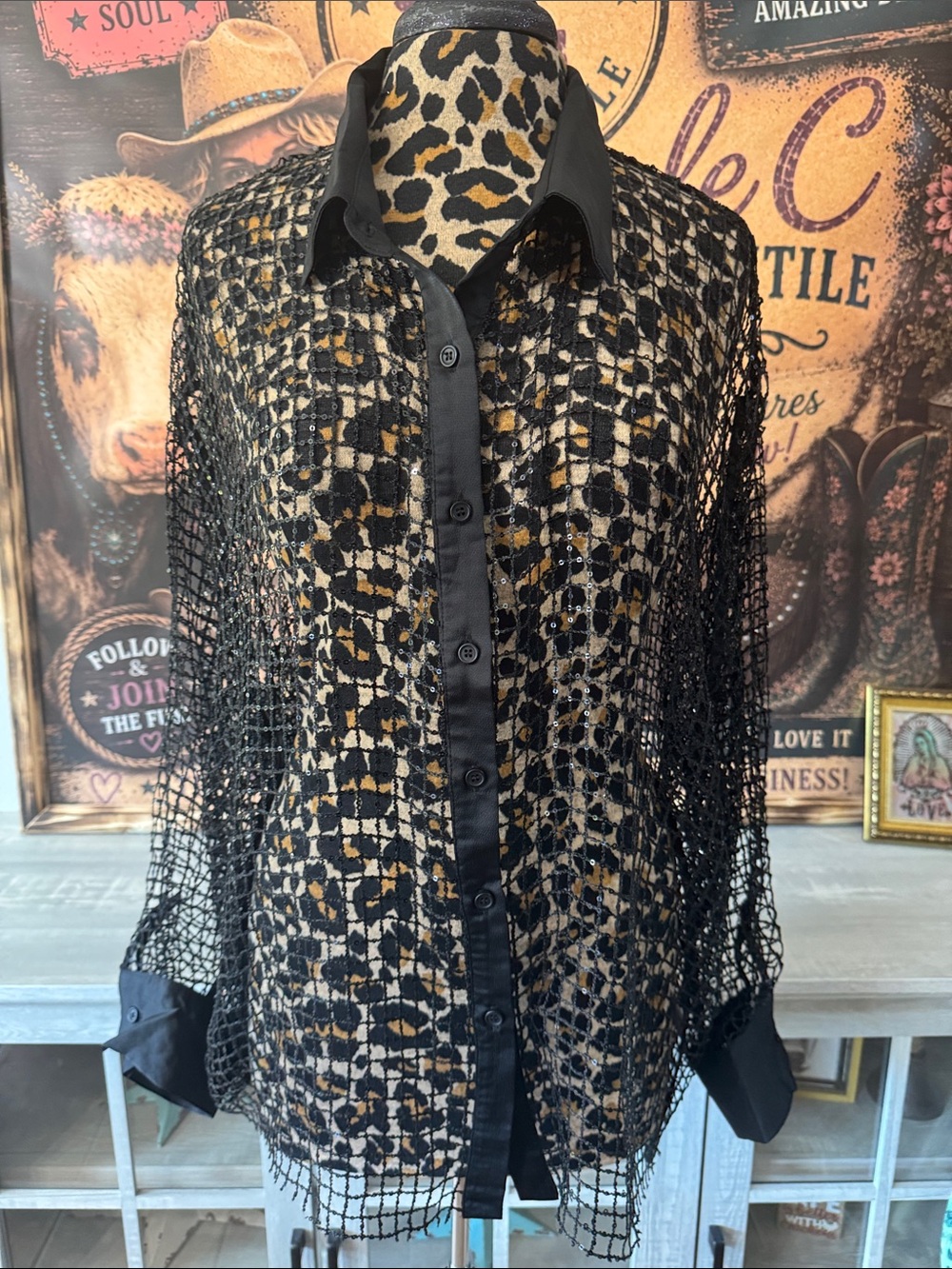 White Birch Black Sequin Net Mesh Button Down Top  Women's Size 1XL